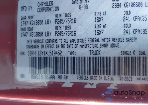 1999 Dodge Ram 1500 St from USA, damaged, VIN 1B7HF13Y1XJ510452